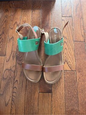 A. Giannetti Brown and Green Leather Wedge Sandals